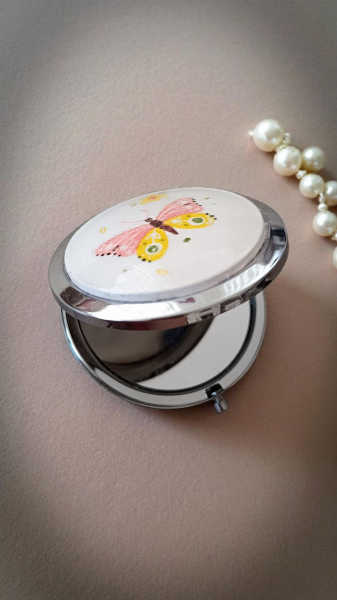 Çini Cep Aynası - Pembe&Sarı Detaylı