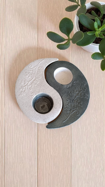 El Yapımı Seramik Ying Yang Tealight Mumluk