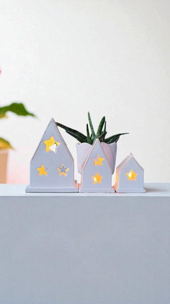 El Yapımı Seramik Ev Mumluk - Yıldız Desenli 3'lü Set