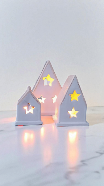 El Yapımı Seramik Ev Mumluk - Yıldız Desenli 3'lü Set