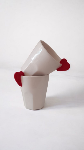 El Yapımı Seramik Bardak 2'li - Kalp Detaylı