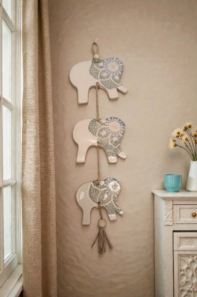 El Yapımı Seramik Fil Duvar Süsü – 3’lü Dekoratif Obje (Özel Tasarım)